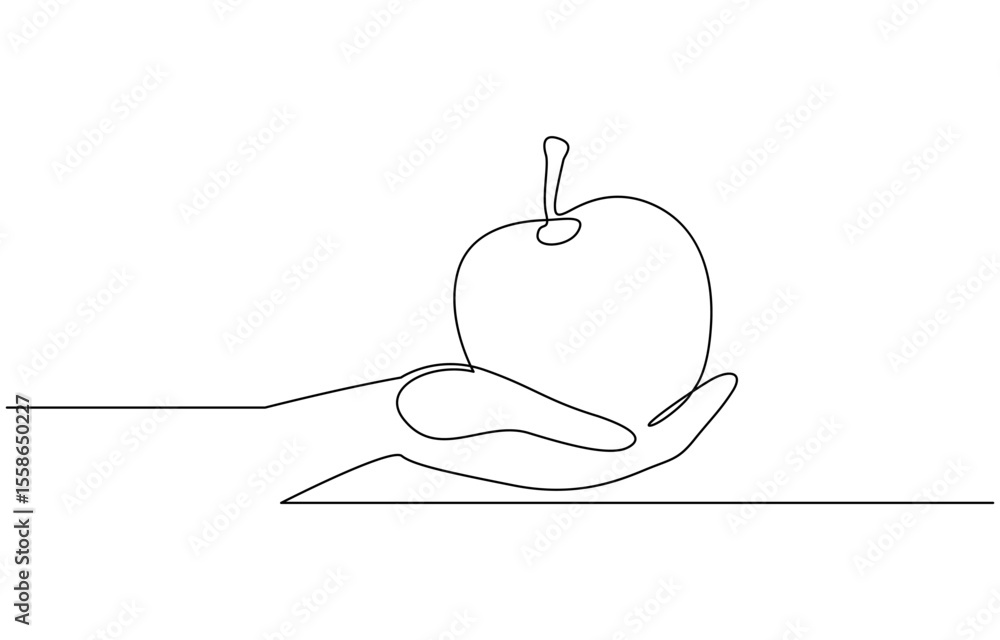 Poster continuous one line drawing of hand holding apple fruit. simple apple fruit on hand line art, one co