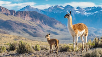 Llama mother and calf against majestic mountain backdrop with snow capped peaks and desert brush, showing natural parenting behavior