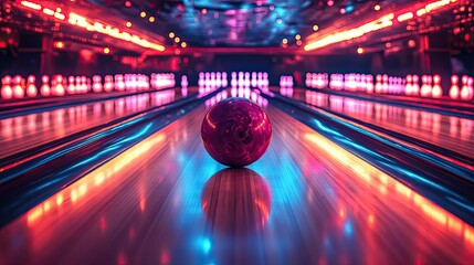 Neon bowling ball crashing into pins under glowing lights with retro-inspired arcade game and entertainment theme