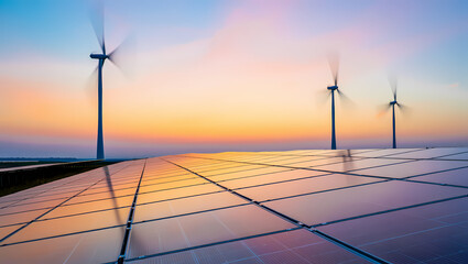 Sustainable Energy: Solar Panels and Wind Turbines at Sunset
