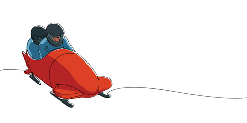 Minimalist color continuous line art of a bobsleigh team racing downhill, ideal for winter sports, Olympic events, or Milan Cortina 2026 themes.