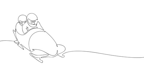 Black and white continuous line drawing of a bobsleigh team racing downhill, ideal for winter sports graphics, Olympic designs, or Milan 2026 themes.