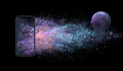 Obraz premium Smartphone screen erupting with cosmic dust and nebula, leading to a distant planet against a black backdrop