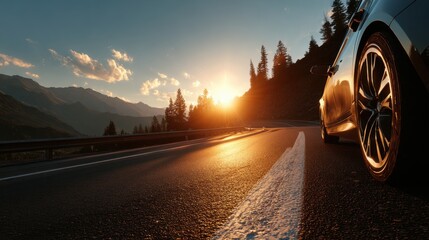 High-quality photo of car on mountain road traveling around the world highways and sunset, tires on the asphalt road.