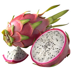 Photo of a whole and sliced dragon fruit with its vibrant pink skin and white flesh, isolated on transparent background