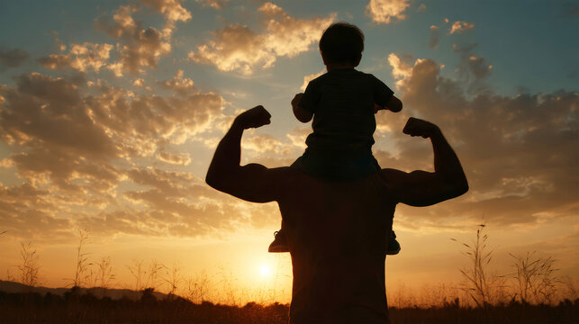 Father and son enjoying summer evening at sunset while celebrating together with playful flexing poses
