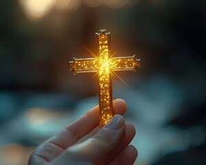 A glowing golden cross pendant held in a hand