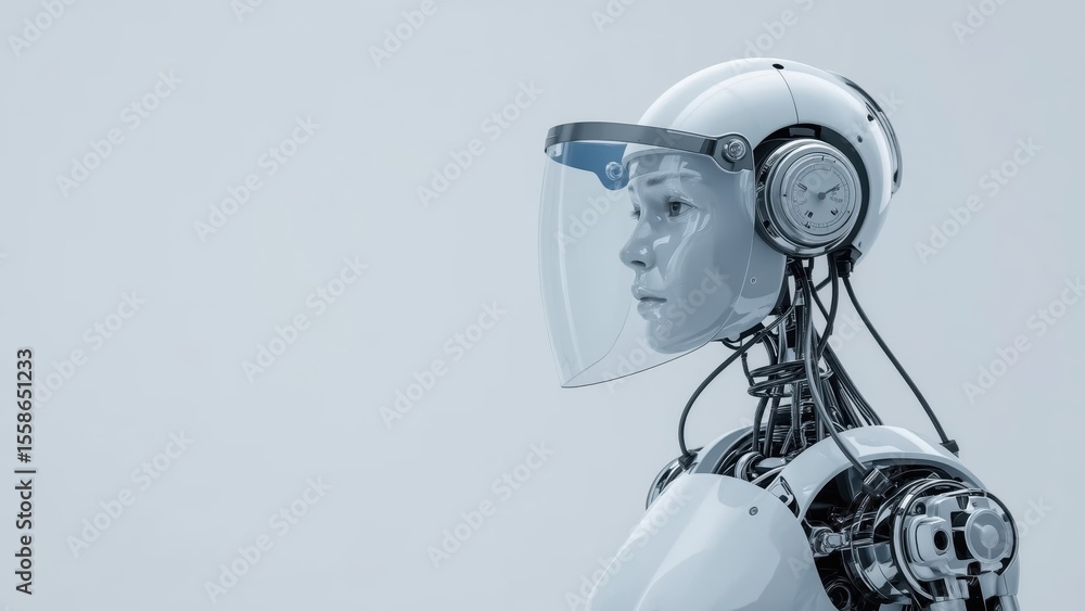 Poster futuristic android. white helmet. transparent shield. advanced robotics. mechanical joints. silicone