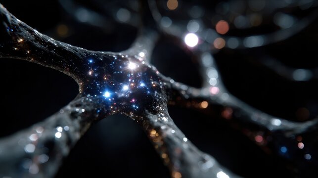 Stylized neural network structure glowing in space with galaxy-like lights representing artificial intelligence, brain mapping, data processing and futuristic scientific innovation
