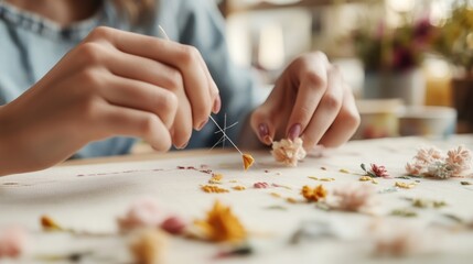 Crafting with floral embroidery techniques for afternoon relaxation in a cozy workspace