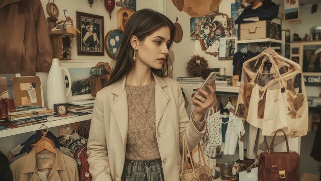 Young woman. Influencer search engine NFT Fashion Creator marketplace Hosting core Hyper personalization Micro influencers The Yes By Rotation Vinted Edikted beige jacket holding smartphone vintage c - Powered by Adobe
