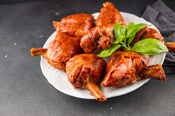 Knuckle smoked meat cooked ham roulka fresh shank delicious gourmet food background on the table rustic food top view copy space