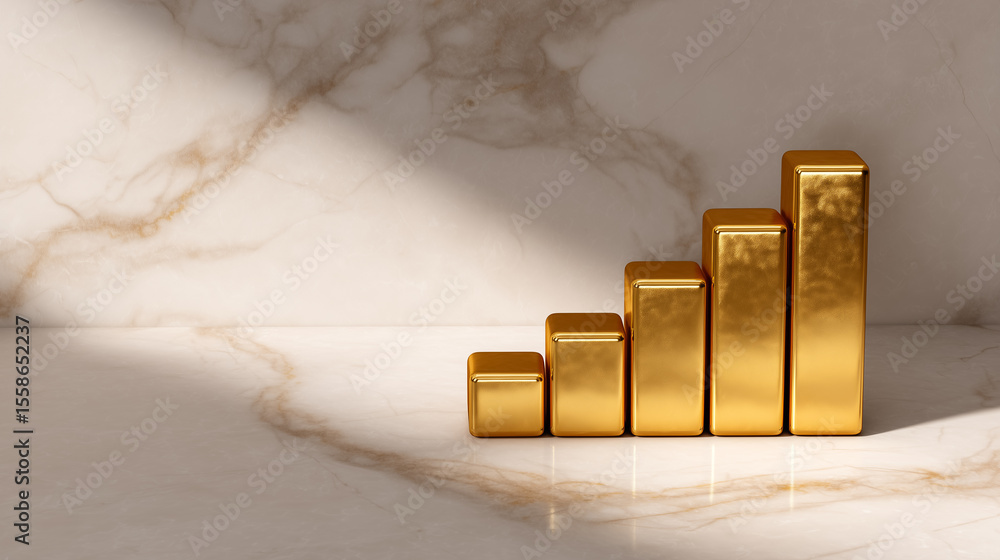 Poster shiny golden bars stand in increasing height reflecting progress and success in business. soft light