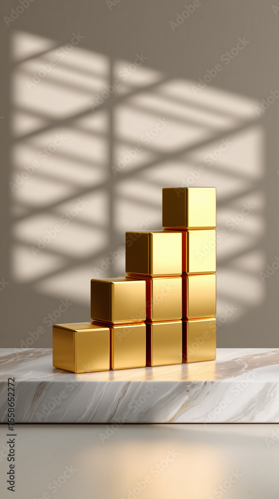 Poster golden blocks stacked in rising order create an artistic display. soft shadows play against a smooth