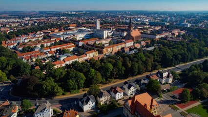 Aerial panoramic view around the old town of the city Neubrandenburg on a sunny noon in summer in...