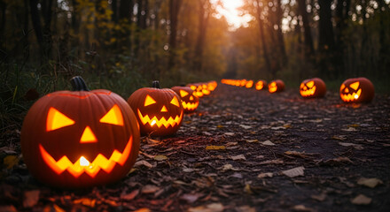 Glowing Jack-O-Lanterns Lining a Pathway in a Spooky Forest During Autumn at Dusk with Golden Leaves and Eerie Atmosphere
