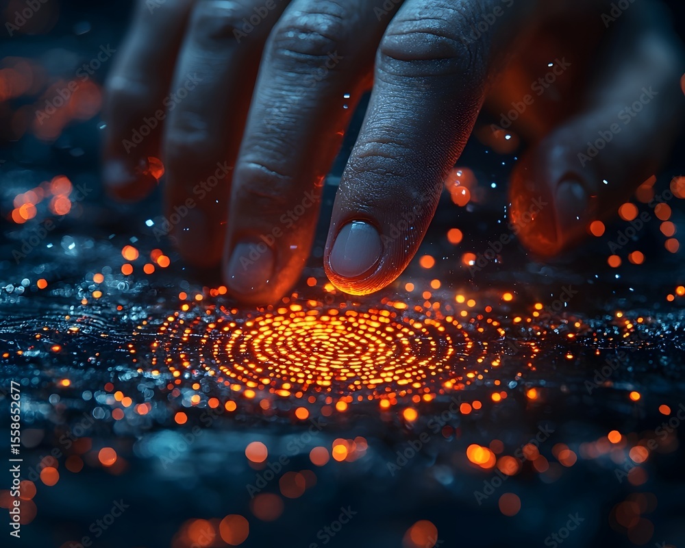 Poster fingerprint scanner verifying secure financial transactions to prevent fraud