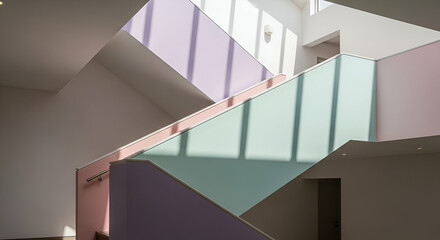 Obraz premium Modern architectural design featuring colorful stairs illuminated by natural sunlight, showcasing unique geometric shapes and minimalist style elements