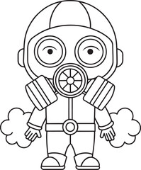 Cartoon gas mask character outlined with safety gear for coloring fun