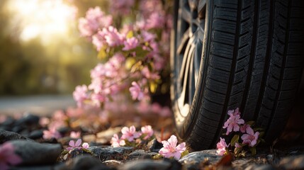 High-quality photo of summer car tires in the blooming spring in the sun, time for summer tires.