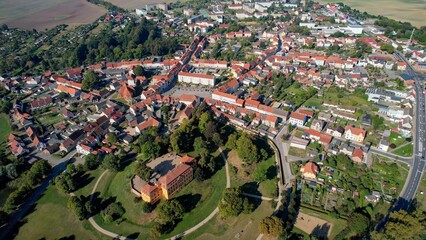 Aerial panoramic view around the old town of the city Stavenhagen on a sunny noon in summer in...