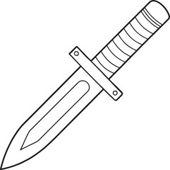 Combat knife design with distinct handle in black and white illustration
