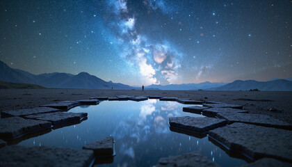 Milky Way reflecting in water pool, night landscape