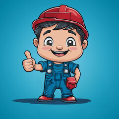 Fototapeta premium A cartoon plumber with tool belt and wrench, giving thumbs up with a water droplet mascot generative ai