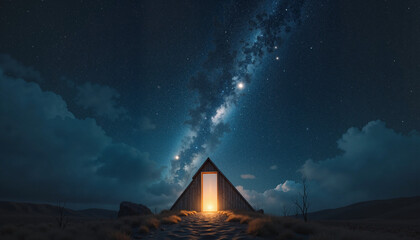 House with open door against starry sky, the concept of possibilities