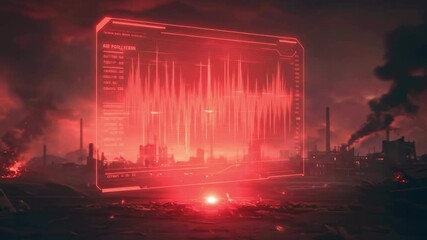 Futuristic digital display analyzing environmental data in a polluted industrial landscape - Powered by Adobe