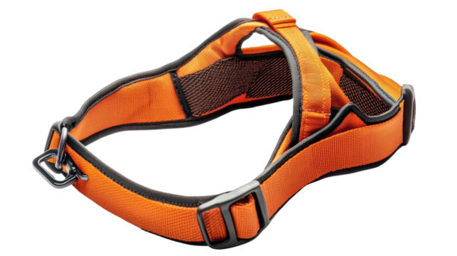 Reflective pet safety harness with leash clip, used for animal rescue, Transparent background, PNG file