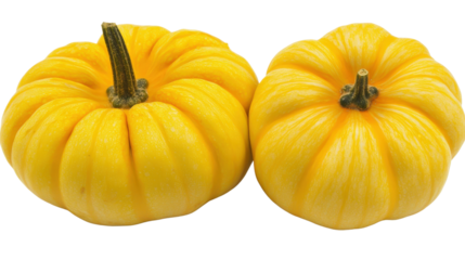 Round yellow pumpkin with firm orange stem and smooth surface, Transparent background, PNG file