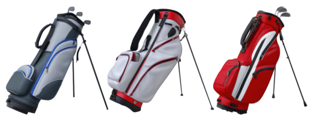 Modern golf bags with clubs in red and white color schemes