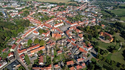 Aerial panoramic view around the old town of the city Stavenhagen on a sunny noon in summer in...