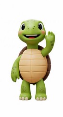 A cartoon turtle character stands smiling, with a shell and waving its hand on a white background.