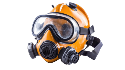 Self-contained breathing apparatus (SCBA) mask, used in hazardous air conditions, Transparent background, PNG file