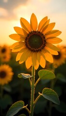 Obraz premium Vibrant Sunflower Field in Full Bloom Under Clear Blue Sky with Bright Sunlight and Natural Breeze 