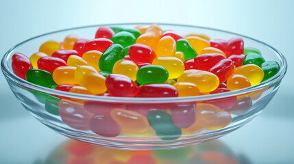 Vibrant, colorful jelly beans fill a clear glass bowl. A sweet treat for any occasion.