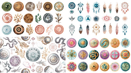 Eclectic collection of boho mandalas, feathers, eyes, and abstract spiritual elements in soft watercolor tones, ideal for meditation or yoga themes.

