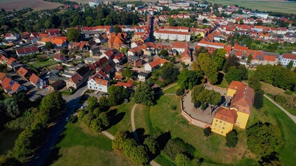 Aerial panoramic view around the old town of the city Stavenhagen on a sunny noon in summer in...