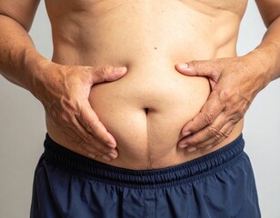 overweight or obese old man shows fat deposits in the abdomen. healthcare, medicine concept.