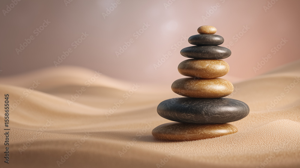 Poster stacked rocks in various shades create a calming display on a smooth surface. soft lighting enhances