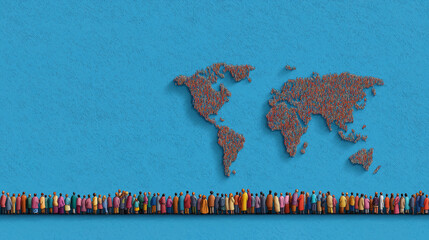 Crowd of miniature figures of people of all ethnicity forming world map – symbolic illustration of global population density and unity