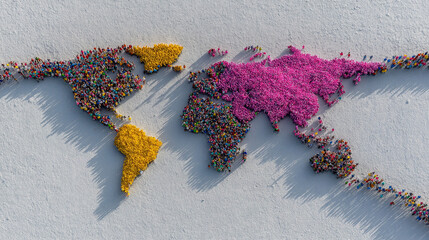 Colorful crowd of tiny illustrative people forming world map – symbolic visualization of global demographics and diversity.
