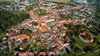Aerial panoramic view around the old town of the city Stavenhagen on a sunny noon in summer in...