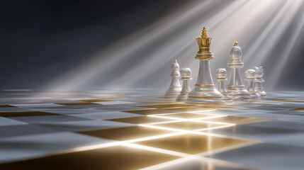 Chess pieces stand prominently on a polished board illuminated by soft rays of light. The strategic setting evokes a sense of competition and strategy. Concept of gaming, leisure, chess enthusiasts