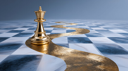 Gold king chess piece positioned prominently on high-gloss checkered chessboard. Artistic golden pathway curves towards the horizon. Concept of strategy, competition, game development