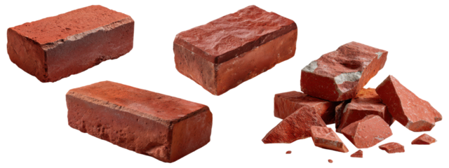 Rough red clay bricks and broken pieces with textured surfaces