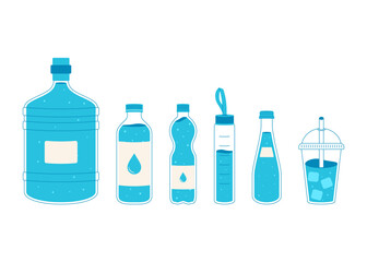 Set of blue water bottles in different shapes and sizes. Flat vector illustration of hydration containers for sports, fitness, daily use, and eco lifestyle.