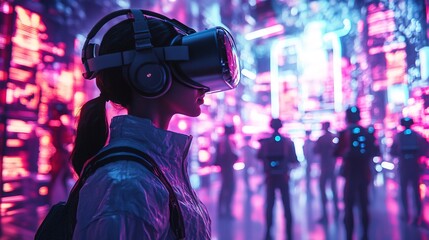 Futuristic Female Immersed in Virtual Reality Experiencing a Neon Cityscape Adventure